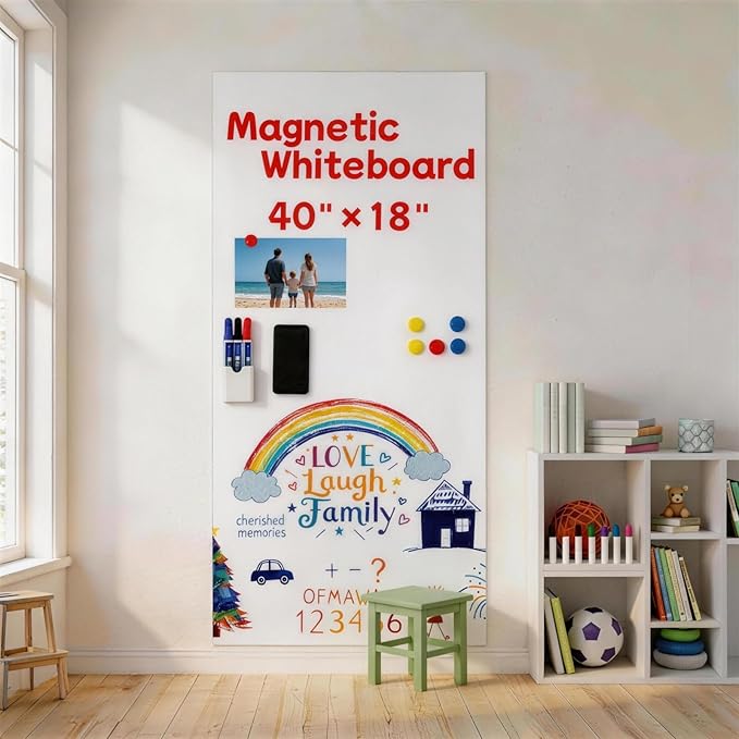 Magnetic Dry Erase Whiteboard 40"x18" - Self-Adhesive Flexible Wall Board Kit with 11 Markers, 6 Magnets, Magnetic Eraser & Holder - Ultra Smooth Writing,Effortless Clean for Office, Home, School