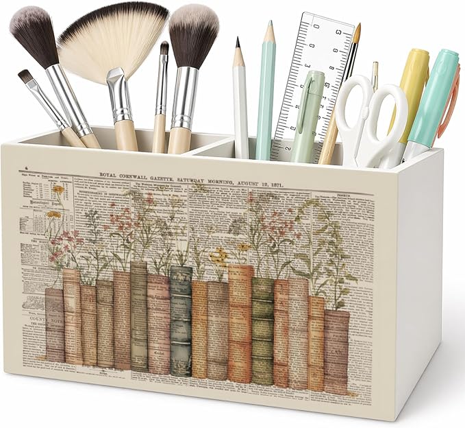 Vintage Book Floral Pen Pencil Holder for Desk Book Lovers Reader Gifts, Reading Corner Nook Decor, Bookish Wooden Box Sign Decorations for Reading Room Classroom Bedroom Desk Tabletop