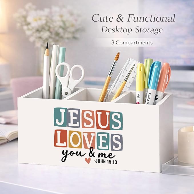 Jesus Loves You & Me Wooden Desk Organizer | Christian Faith Pen Pencil Holder, 3-Compartment Decorative Office Supply Storage Box for Desk, Home Office