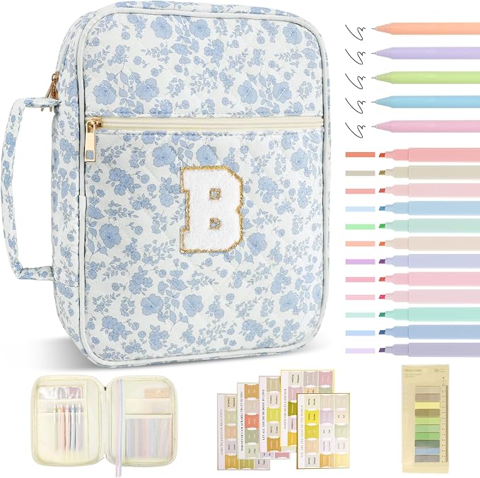 Personalized Initial Bible Cover Case for Women Girls Kid - Large Quilted Bible Case with Handle,Chenille Letter Bag Study Supplies,Christmas Gifts for Christians Birthday Graduation(Blue Flower-B)