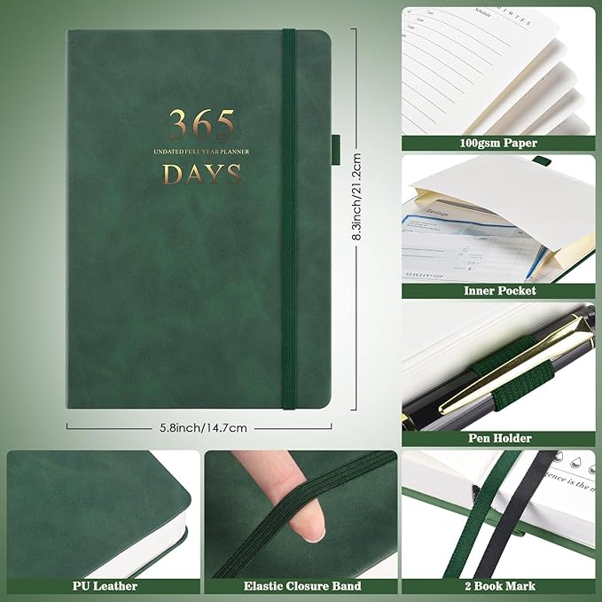 Asten Planner, Undated Daily Planner with To Do List, 365 Days Planner for ADHD, Hourly Planner Notebook for Goal Setting, Productivity Organizer with Calendar, 8.3'' x 5.8''(Green)
