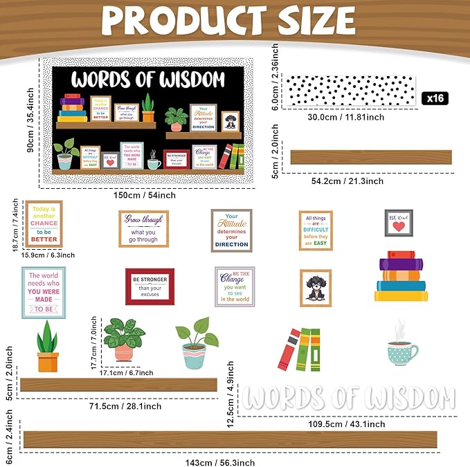 Motivational Bookshelf Bulletin Board Decorations Plant Classroom Colorful Inspirational Quote Paper Cutouts Words of Wisdom Bulletin Board Set for Back to School Chalkboard Wall Decor Supplies
