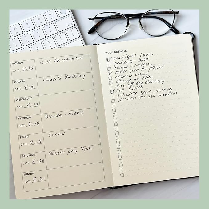 RICCO BELLO Undated Weekly Planner To Do Notebook | Hardcover, for Work, School, Home with Pen Holder, Bookmark, Band Closure, Storage Pocket, 5.7 x 8.4 Inches (Brown Leaf)