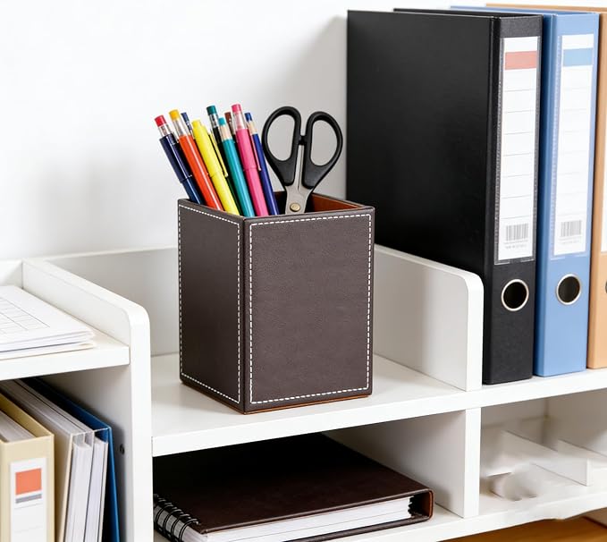 Square Pen Pencil Holder, PU Leather Pencil Cup, Desktop Stationery Organizer, Stand Desk Organizer, Office Accessories Container (Brown)