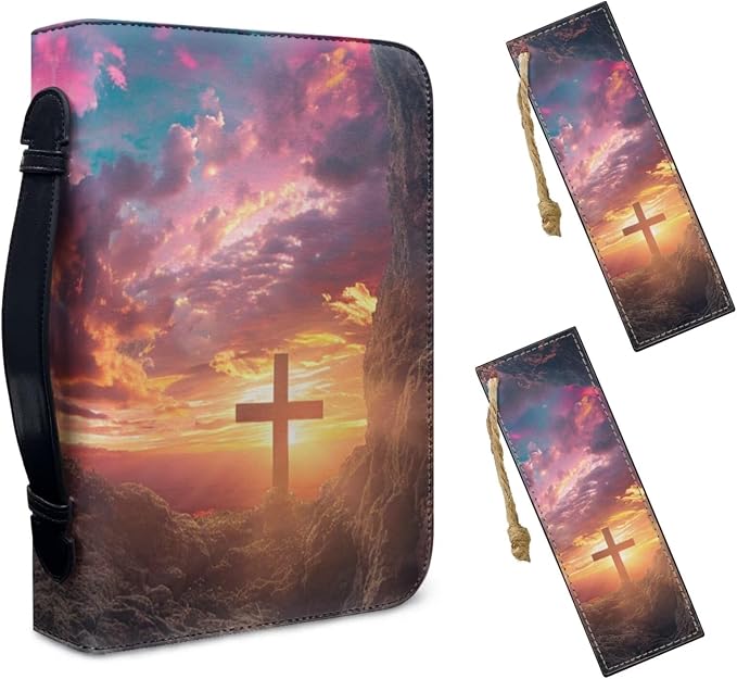 Lotusorchid Bible Cover Case for Women, Cross Print Bible Case with 2 Book Marks, Leather Bible Carrying Case Bible Tote Bag for Bible Study, Pink, Size XL