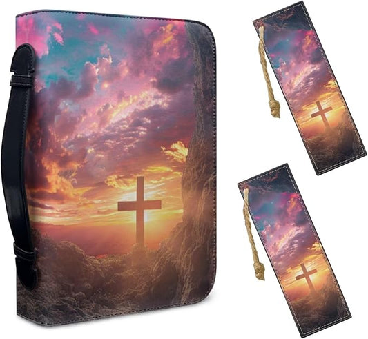 Lotusorchid Bible Cover Case for Women, Cross Print Bible Case with 2 Book Marks, Leather Bible Carrying Case Bible Tote Bag for Bible Study, Pink, Size XL