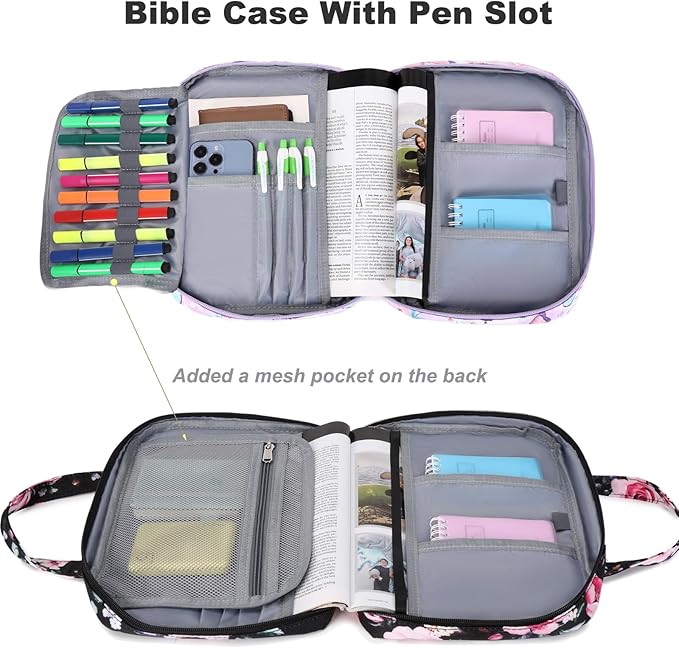 Octsky Bible Cover Case for Women Bible Organizer Book Carrying Bag for Medium and Large Bibles, Floral Black
