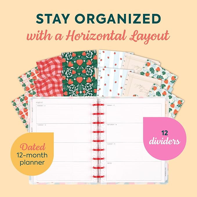 Happy Planner Disc Bound Planner July 2026–June 2027, Includes 3 Extra Months and 2 Sticker Sheets, Classic Size, 7" x 9.25", Horizontal Layout, Strawberry Picnic