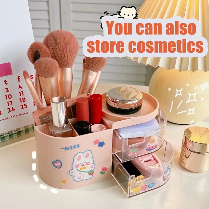 Kawaii Stationery Storage Box Makeup Organizer with 2 Drawers, Kawaii Pen Organizer with Stickers DIY Fun, Desk Organizers and Accessories with 5 Compartments for Teen Girls Office Art Supplie