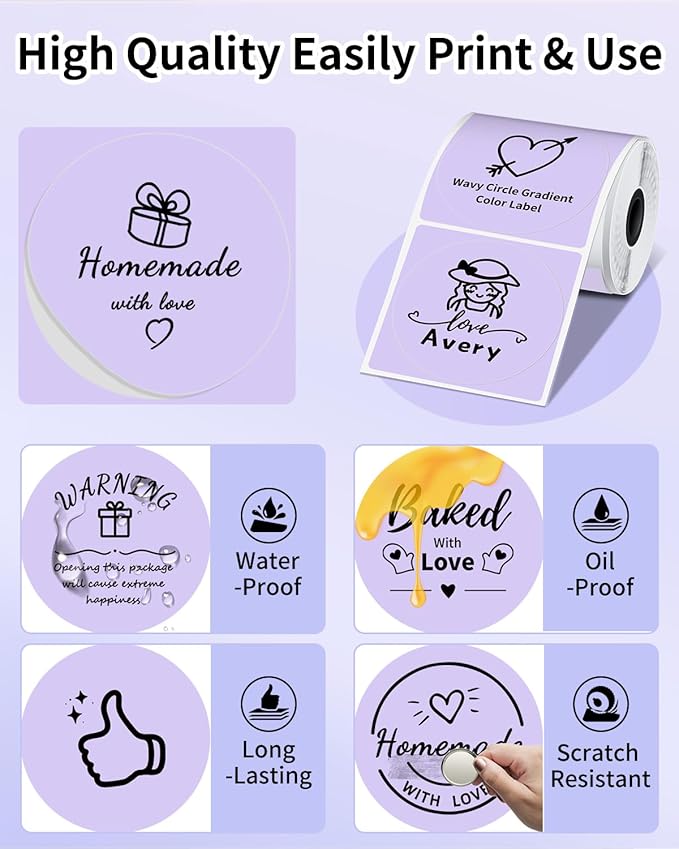 Phomemo Purple Circle Thermal Sticker Label, Size 1.96" x 1.96", 140 Labels per Roll, Compatible with M100/M110/M220/M250/M120/M200/M150 Label Maker