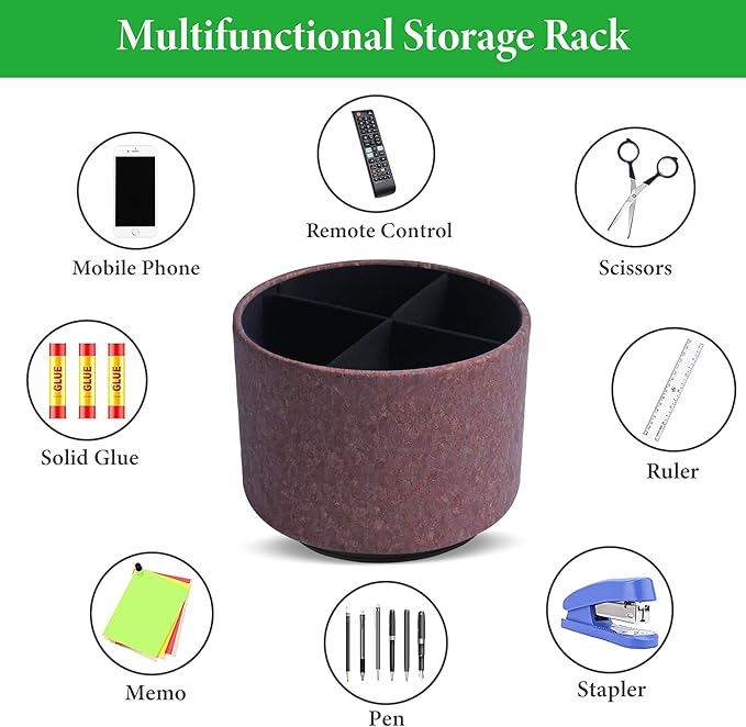 Round Leather Art Supply Organizer,Remote Control Holder,360 Degree Spinning,Multi-Functional Pencil Holder,4 Compartments Desktop Stationary Organizer(1-Soft Red)
