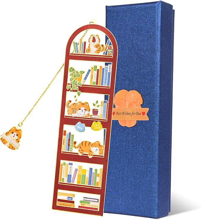 Orange Tabby Cat Metal Bookmark with Cat Charm and Gift Box, Bookmarks for Women, Reading, Book Maker Gifts for Mom, Dad, Teacher, Reader, Book Lover, Cat Lover, Friends, Bestie