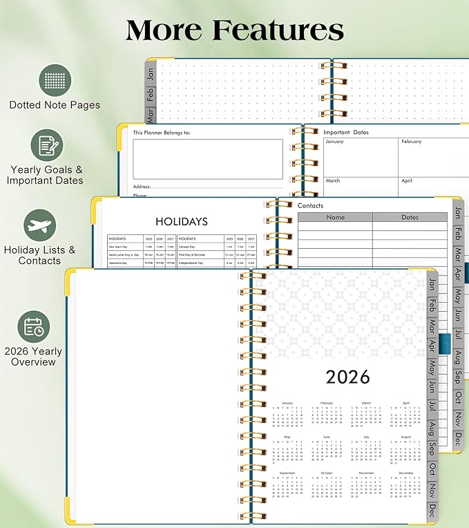 2026 Planner, Hardcover Leather Weekly and Monthly Planner, January 2026 - December 2026, Spiral Yearly Agenda Organizer Book 2026 with Tabs, Daily Calendar Planners for School Work Home, A5 (5.75" x 8.38"), Pacific Green