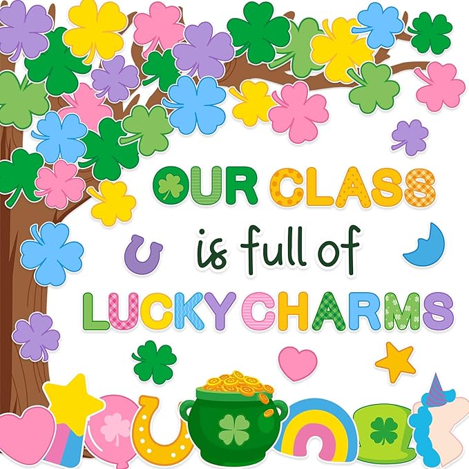 JarThenaAMCS St. Patrick' s Day Bulletin Board Set Lucky Charms Tree Classroom Decorations Shamrock Irish Clover Gold Coin Unicorn Paper Cutouts for School Classroom Chalkboard Wall Decor Supplies