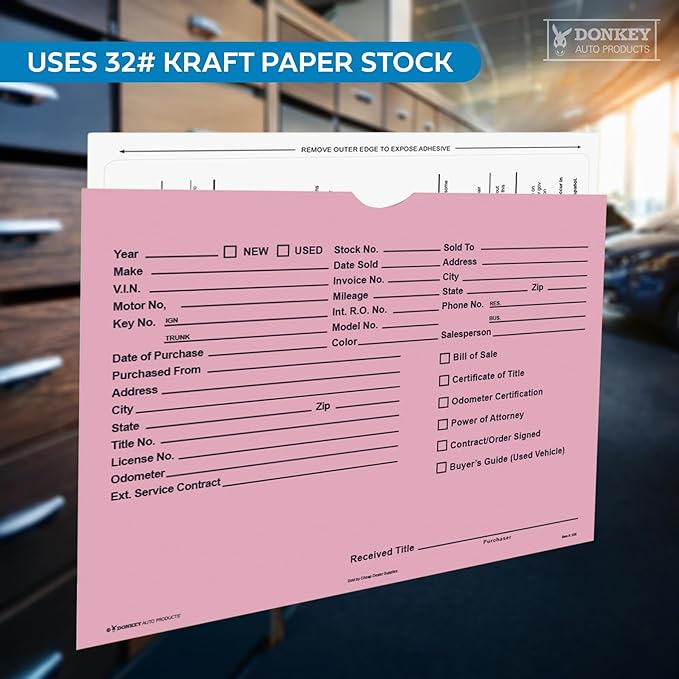 Printed Vehicle Deal Envelopes 9x12 Deal Jackets (100 shrink wrapped) (Pink)