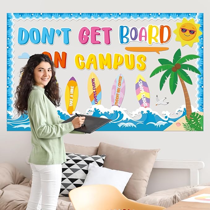 Summer Bulletin Board Set Summertime Classroom Decoration Don’t Get Board on Campus Bulletin Boards Hawaiian Theme Tropical Surfboard Beach Paper Cutouts for Summer School Home Chalkboard Wall Decor
