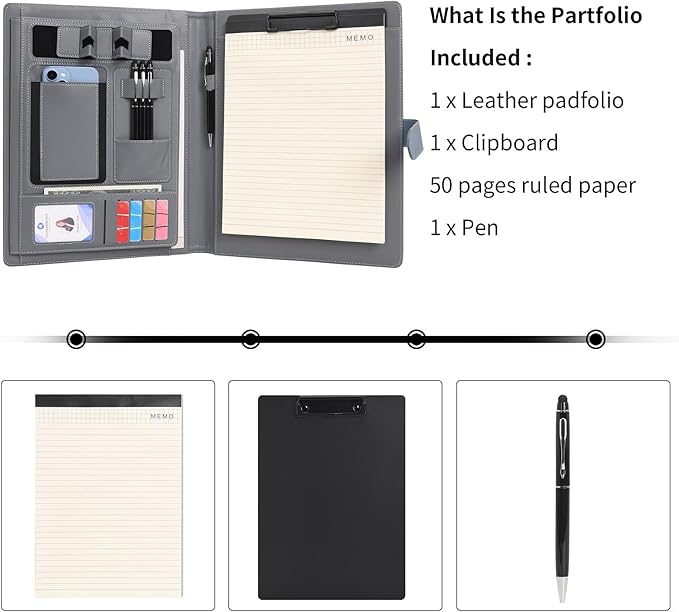 Wason Portfolio Padfolio A4 Leather PU Folder File Document Holder Case with Writing Pad Removable Clipboard Card Stationary Case Phone Tablet Stand for Organizer Office Travel School (Red Wine)