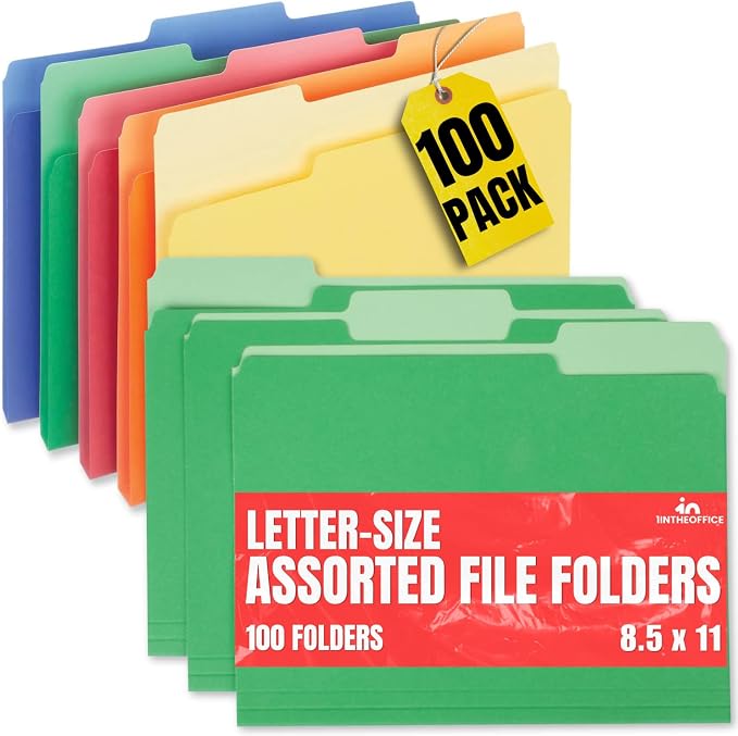 1InTheOffice Colored File Folders, Colorful Assorted Folders with Tabs, Letter Size 1/3-Cut Tab, 100/Pack