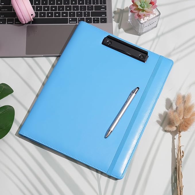 Wonderpool A4 PU Leather Clipboard Partfolio Notepad Forms Holders Document Case - Interview Planner Meeting Writing Padfolio File for Office Travel School Hotel (Sky Blue, A4)