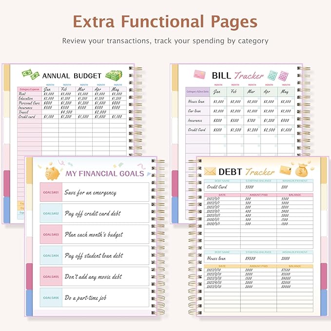 Ospelelf Budget Planner Undated, Money Expense Tracker with Pocket & Stickers, Thick Cardboard Cover, Large Pages for Spacious Writing, Original Fun Colorful Design, 12 Month Financial Notebook Beige