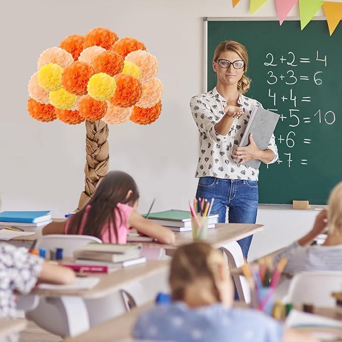 Whaline Fall Classroom Tree Bulletin Board Set 3D Classroom Wall Decor Kit 1 Roll Kraft Paper with 28 Paper Pompoms Glue Points for Autumn Party School Chalkboard Office (Orange,8, 10, 12 Inch)