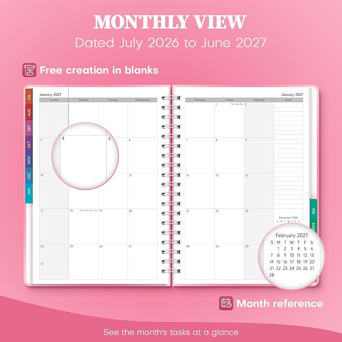 Planner 2026-2027 Monthly and Weekly Academic Planner July 2026 - June 2027, Hardcover Calendar 2026-2027 Agenda Daily Planner for Student Teacher School Office Supplies, 7.4" x 10.2", Pink Ombre