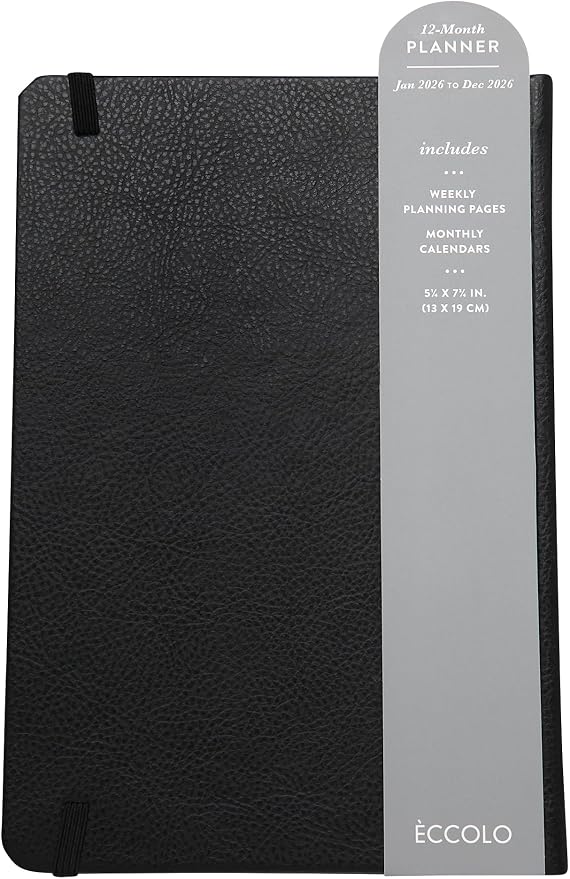 WORLD TRAVELER 2026 Planner - 6x8 Inch Weekly and Monthly Calendar Planner Agenda Book with Bookmark & Ribbon for School and Office, Size 6X8, Black Leather