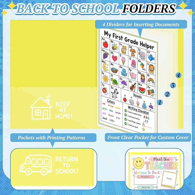 12 Pcs Take Home Folders for Elementary Students,Back to School 2 Pocket Folders with Clear Front Pocket 4 Inner Pockets,Plastic Parent Teacher Communication Folder 11.81 x 9.45 Inch (Yellow)