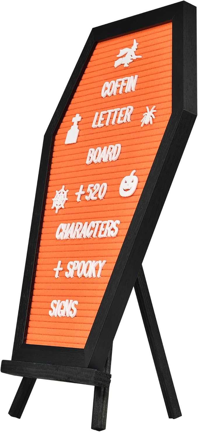 Coffin Letter Board - 520 Characters Spooky Halloween Characters with Wooden Stand and Canvas Bag - 16x11 Inches - Felt Message Board for Home Office Halloween Supplies & Decor (Orange)
