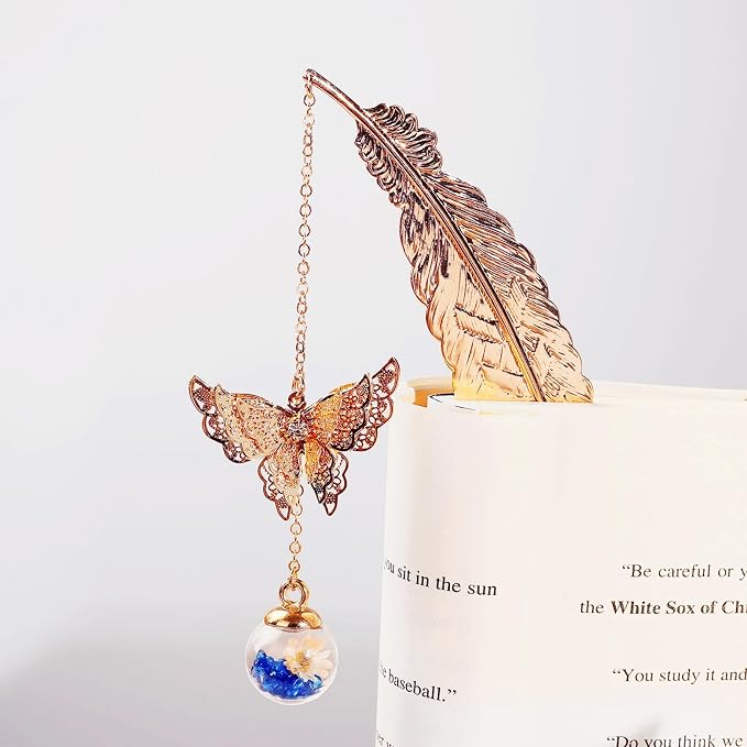 Teacher Retirement Gifts - Metal Feather Bookmark with 3D Butterfly & Real Dried Flower Pendant - Bookmark for Women & Book Lovers Under 10 Dollars - Gift Box Included