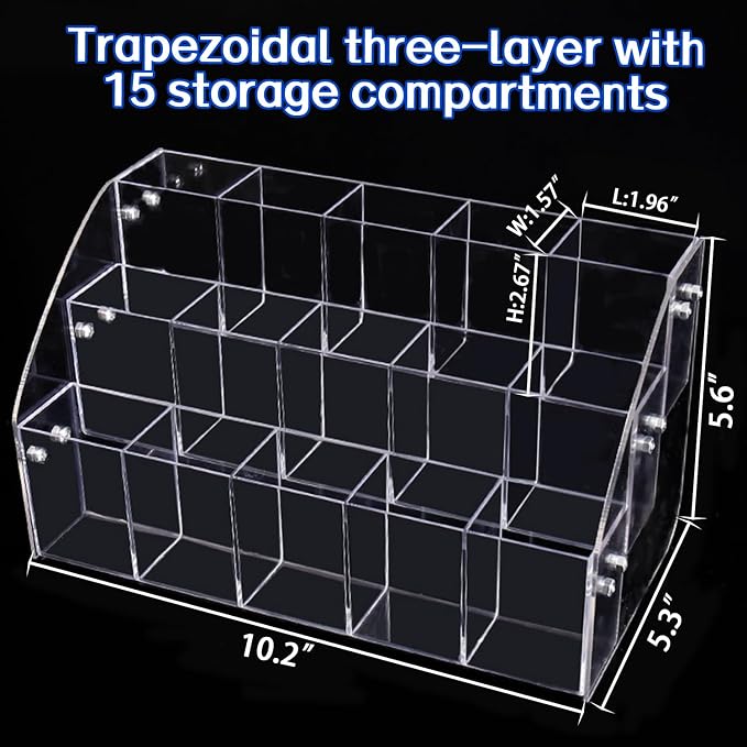 Clear Pen Display Stand-3 Tier ＆ 15 Grid Trapezoidal Acrylic Pen Holder Transparent Pencil Holders Acrylic Organizer Desktop Stationery Organizer Office Desk Accessory for Stationery Store,Home