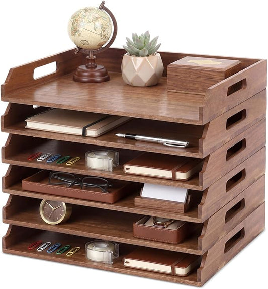 AceOrbit 6 Pcs Stackable Paper Tray Acacia Wood Desk Organizer Letter Tray 6 Tier Wooden File Organizer Desk Shelf for Documents, Letter Sorter, Envelopes and Magazine Holder