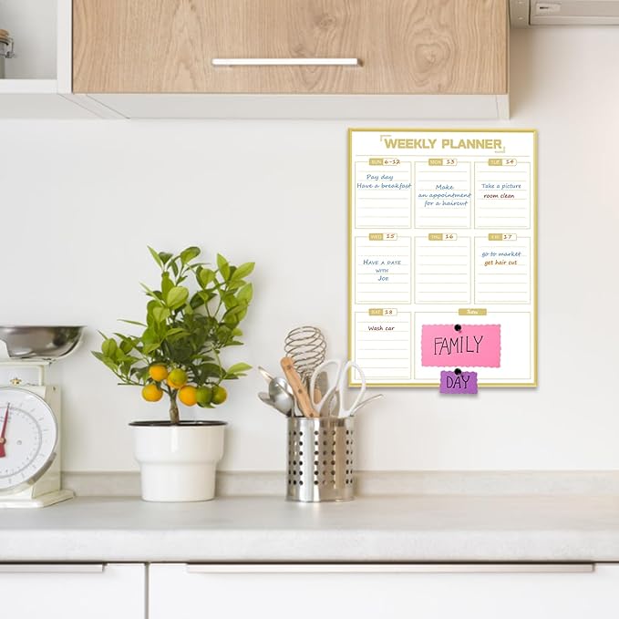 Dry Erase White Board Weekly Calendar Board, Magnetic Whiteboard for Wall,Gold Aluminum Frame Message Board,Vertical, Planner Board for Office, Home, School