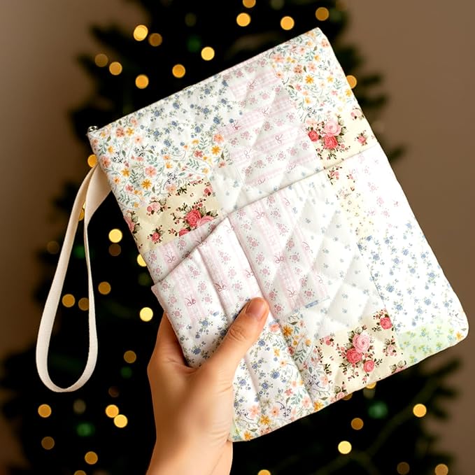 Gilprop Bible Book Sleeve with Zipper 11" x 9" Padded Protector Washable Quilted Book Covers Printed Bible Pouch with Handle Pockets Protector for Books Lover Christian Gifts(Spliced Flower)