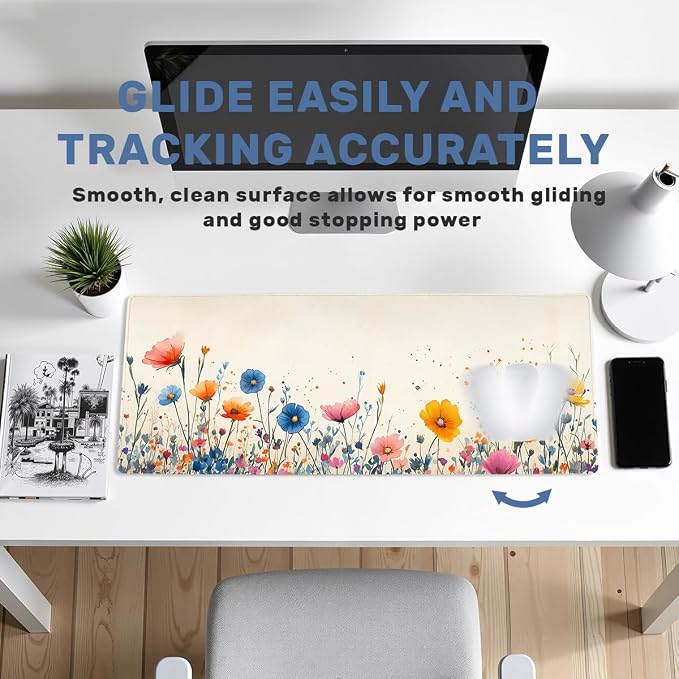 Botanical Wildflower Gaming Mouse Pad Large Desk Mat Rainbow Petals Color Floral Mousepad Computer Keyboard Pad Mouse Mat Laptop Mat 31.5 x 11.8 Mouse Pads for Desk Home Office Gaming