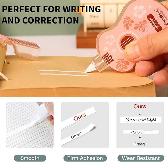 2-Pack Guitar-Shaped Correction Tape, 65ft Each- Aesthetic Cute and Unique Design, Smooth White Correction Tape, Portable and Easy-to-Use, Suitable for School, Office & Home, Pink&Blue