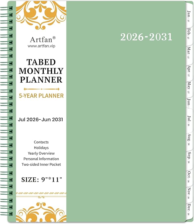 2026-2031 Monthly Planner/Monthly Calendar - 5 Year monthly Planner, Jul. 2026 - Jun. 2031, 9" x 11", Double-Side Pocket + Durable Polypropylene Cover - Sage Green