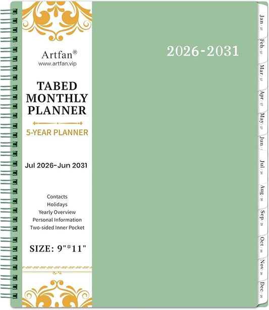 2026-2031 Monthly Planner/Monthly Calendar - 5 Year monthly Planner, Jul. 2026 - Jun. 2031, 9" x 11", Double-Side Pocket + Durable Polypropylene Cover - Sage Green