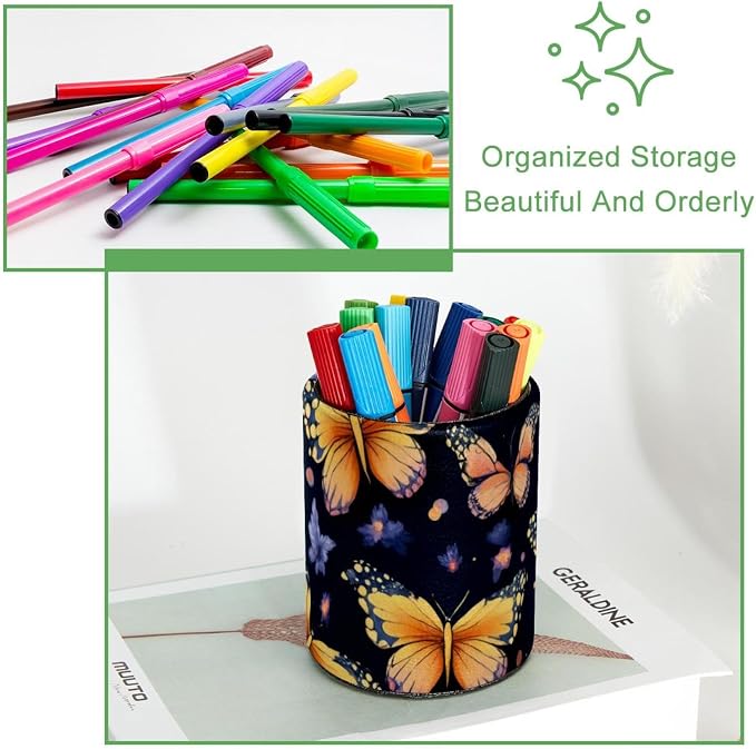 Seamless Butterflies Pattern Pen Pencil Holder for Desk, Large Round Pen Pencil Cup, Decorative Desk Stationery Organizer for Home, Office, Classroom
