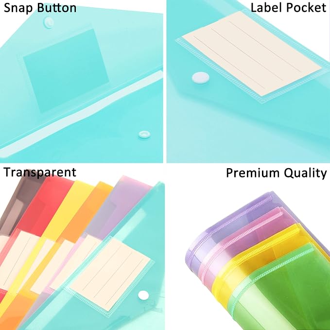Youngever 21 Pack Plastic Envelopes Poly Envelopes, Clear Document Folders, US Letter A4 Size File Envelopes with Label Pocket Snap Button, for School Home Work Office Organization, 7 Assorted Colors