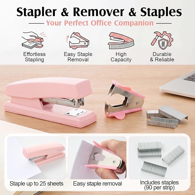Eersida Office Desk Accessories Supplies, 26 Pcs Desk Organizer with Tape Dispenser, Stapler, Staple, Staple Remover, Scissor, Ruler, Sticky Tabs, Tape, Ballpoint Pen, Pencil, Clips for School(Pink)