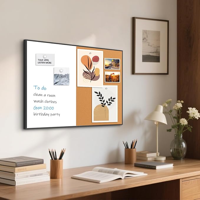 White Board Cork Board Combo, 24" x 18" Magnetic Dry Erase Board & Corkboard for Wall, Bulletin Board Vision Board for Home Office School, Black Aluminum Frame