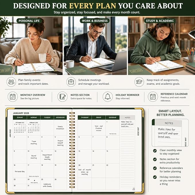 Monthly Planner 2026-2028, Hardcover 3 year calendar 2026-2027-2028 Calendar Book from Jan 2026 - Dec 2028, 9“ x 11”, Spiral Bound,Organizer for Office, School, and Home,Green