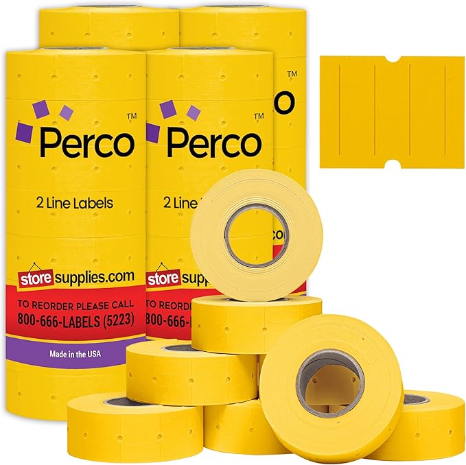 Perco 2 Line Yellow Labels - 32 Rolls, 4 Sleeves, 24,000 Blank Price and Date Gun Labels for Perco 2 Line Price and Date Guns - Made in USA