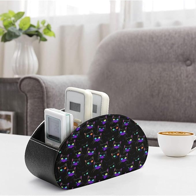 Neon Black Cat Halloween Remote Control Holder with 5 Compartment PU Leather Multi Functional Desk Storage for TV Remotes Office Supplies
