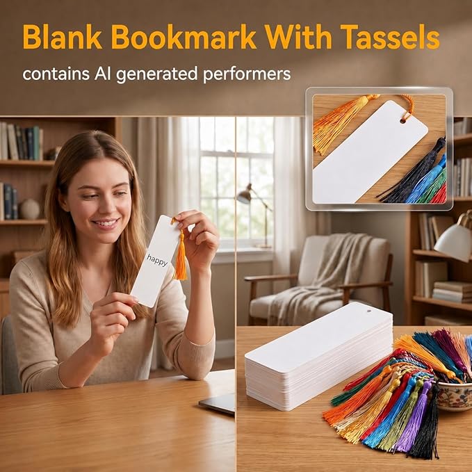 100Pcs Blank Bookmarks with Tassels, 400gsm Cardstock 5x15cm (2x6 Inch) White Blank Paper Bookmarks Bulk for DIY Crafts, Gifts & Classroom Projects