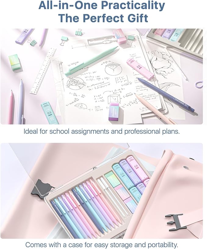 Four Candies 12PCS Cute Mechanical Pencil Set with 741 Leads & Erasers, 0.5 mm & 0.7mm, Pencils Mechanical with 720PCS (HB & 2B) Lead Refills & 21PCS Erasers & Storage Case for Writing & Drawing