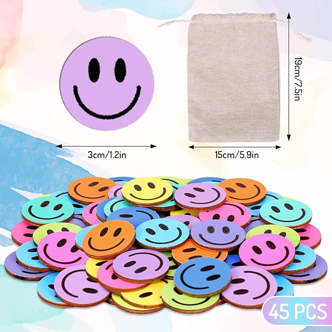 JarThenaAMCS 45 Pcs Smile Extra Tokens for Reward Jar Colorful Happy Face Wooden Cutouts with Linen Pocket 9 Colors Wooden Tokens for Back to School Student Teacher Home Classroom