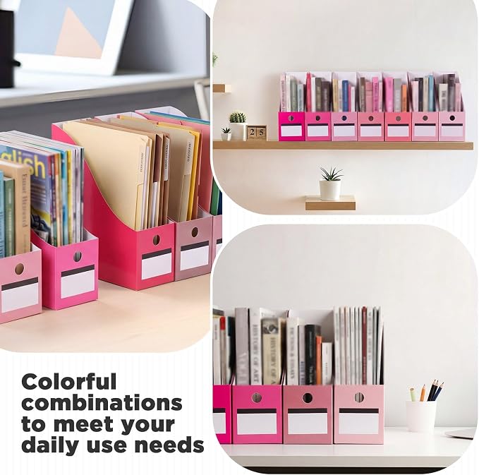 Jutom 48 Sets Magazine File Holders Foldable Cardboard Magazine Holder with White Label Stickers Desktop File Storage Box for Office Home Classroom Desk Document Organization(Pink)