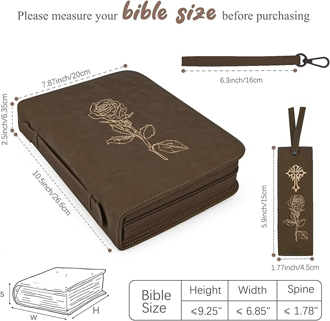 Bible Covers for Women & Men, Leather Bible Case with Rose Bookmark, Bible Supplies Carrying Bag Tote with Strap, Personalized Gift for Study, Journaling, Church-Dark Brown